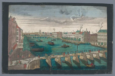 Widok na Binnen-Amstel między Blauwbrug i Hogesluis w Amsterdamie Die Amstel von innen nach der blauen Brücke gegen der Wasser Schleuße zu Amsterdam (tytuł na obiekcie)