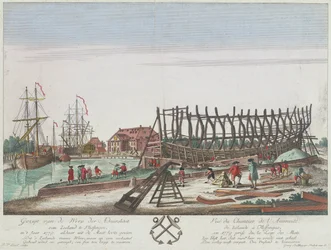 Widok na stocznię Admiralicji Zelandii we Vlissingen w 1779 roku. Litografia (36,3x49,1 cm), rycina wykonana przez Leizela na podstawie rysunku Georga Balthasara Probsta (1732-1801).