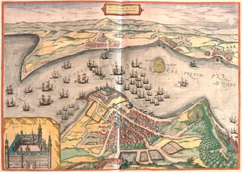 Helsingor, duński - Helsingborg, szwedzki - w "Civitates Orbis Terrarum" Georga Brauna, Kolonia 1617 r.