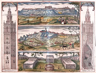 Seviglia - Gerena (Giralda w Sewilli) - 5 widoków San Juan nad Gwadalkiwirem, 3 rzymskie grobowce i wieża z boku, w "Civitates Orbis Terrarum" Georga Brauna, Kolonia 1617 r.
