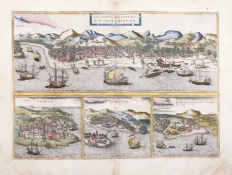 Widok na Kalkutę w Indiach i pod mniejszymi widokami Ormuz przy wejściu do Zatoki Perskiej, Canonor w Indiach i portugalską fortecę El Mina w Afryce Zachodniej, 1572