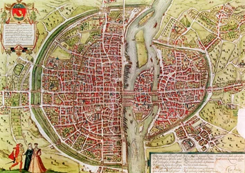 Mapa Paryża z „Civitates orbis terrarrum” Georga Brauna (1541-1622) i Franza Hogenbergha (1540-92), francuski, 1572-1617