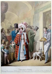 Passage Panorama: „Au gargantua: kupiec jadalnych du Mondains, przechodniów, kupców i misereux w galerii 3. dzielnicy Paryża. Grawerowanie: George Emanuel Opitz (1775-1841) XIX-wieczny Paryż, Musee Carnavalet