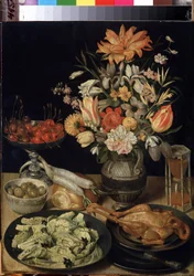 "Martwa natura z kwiatami, kurczakiem, klepsydrą, oliwkami, wiśniami i kapustą" (Martwa natura z kwiatami i przekąską) Obraz Georg Flegel (1566-1638) 1630-1635 Wymiary 52,5x41 cm Ermitaż, Sankt Petersburg