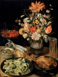 Martwa natura z kwiatami i przekąską, c1630-c1635