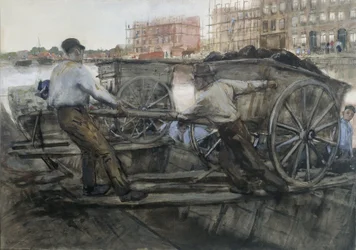 Robotnicy ciągnący wózek z ciężkim ładunkiem na Jacob van Lennepkade, Amsterdam, 1900