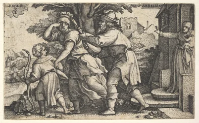 Abraham odsyła Hagar i Ismaela: Abraham trzyma naczynie jako Hagar i Isma..., ca. 1543.