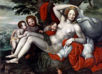 "Leda i łabędź"" - Leda i łabędź autorstwa Pencza, Georg (Jorg) (1500/02-1550), połowa XVI wieku. - Olej na drewnie, 92x126 - Muzeum Łąki, Madryt