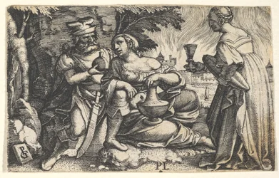 Lot i jego córki: córka w środku opiera prawą rękę na kolanie Lota i ve..., ca. 1531.