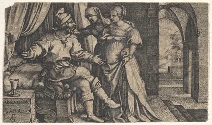 Sarah przedstawia Hagar siedzącemu w nogach łóżka Abrahamowi, z cyklu The..., ca. 1543.