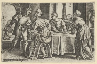 Tobiasz opuszczający stół, z The Story of Tobias, 1543.