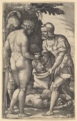 Tomyris, ukazany nago od tyłu, wkładający głowę Cyrusa do worka trzymanego przez żołnierza..., ok. godz. 1539.