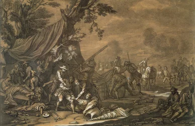 Chirurg wojskowy pola bitwy podczas hiszpańskiej wojny o sukcesję, 1707, ryty przez Christiana Rugendasa (1708-81) c.1740