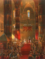 Metropolita przyklęka podczas ceremonii koronacyjnej cara Aleksandra II, Moskwa, 1856.