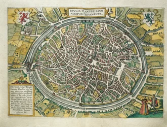 Belgia, mapa Brugii z miast świata autorstwa Georga Brauna (1541-1622) i Franza Hogenberga (1540-1590), Kolonia, rycina