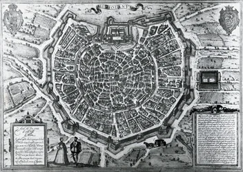Plan Mediolanu, 1572, Antonio Lafreri (1512-1577), opublikowany przez Georga Brauna i Franza Hogenberga, Włochy