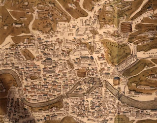 Miasto Rzym, plansza, fragment z Civitates orbis terrarum, Cities of World, autorstwa Georga Brauna (1541-1622) i Franza Hogenberga (1535-1590), działającego w Kolonii, rycina, Włochy