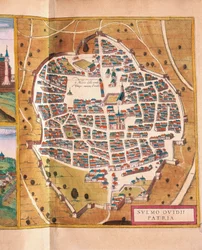 Włochy, Sulmona, miasto Sulmona z Civitates Orbis Terrarum autorstwa Georga Brauna i Franza Hogenberga, rycina