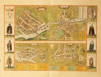 Mapa Galway, Dublina, Limerick i Cork z Civitates Orbis Terrarum autorstwa Georga Braun