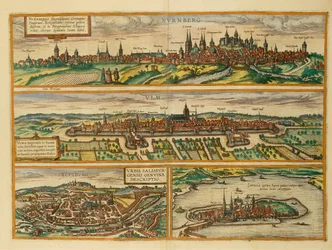 Mapa Norymbergi, Ulm, Salzburga i Lindau z Civitates Orbis Terrarum autorstwa Georga Braun