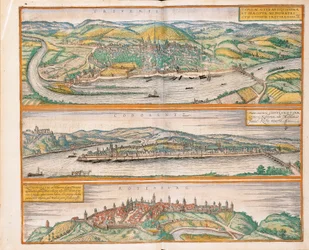 Mapa Trewiru, Koblencji i Rothenburga z Civitates Orbis Terrarum autorstwa Georga Braun