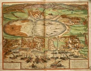 Mapa Tunisu w Tunezji z miasta świata autorstwa Georga Brauna i Franza Hogenberga, rycina