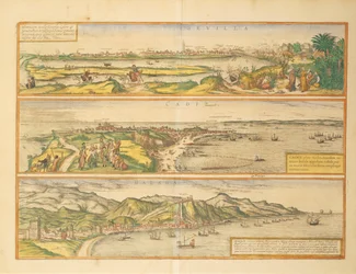 Mapa Sewilli, Kadyksu i Malagi, Hiszpania z Civitates Orbis Terrarum autorstwa Georga Braun