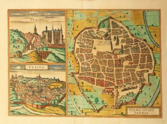 Mapa Urbino i Sulmona, Włochy, z Civitates Orbis Terrarum autorstwa Georga Braun