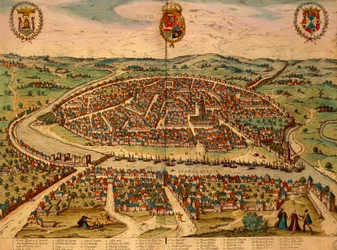 Hiszpania, Sewilla, Widok miasta, kolororyt z Civitates Orbis Terrarum autorstwa Georga Brauna (1541-1622) i Franza Hogenberga (1535-1590)