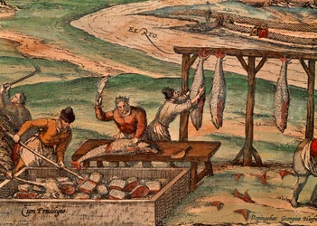 Obróbka tuńczyka Franza Hogenberga (ok. 1540-ok. 1590), scena ze Stanów Świata autorstwa Georga Brauna (1541-1622) i Franza Hogenberga (ok. 1540-ok. 1590)