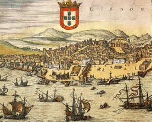 Mapa miasta Lizbony z Civitates Orbis Terrarum autorstwa Georga Brauna i Franza Hogenberga, rycina