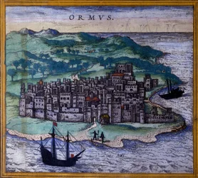 Irańska wyspa Ormuz lub Ormuz na drodze do Indii po Atlasie „Civitates Orbis Terrarum” Braun i Hogenberg