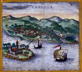 Widok Canonor (lub Cannanore) w Indiach z wydania „Civitates Orbis Terrarum” Brauna i Hogenberga