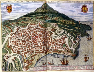 Widok na Katanię i Etnę na Sycylii. Atlas Brauna i Hogenberga. 1585, Amsterdam.