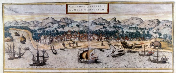 Widok Kozhikode lub Calicut w Indiach z Atlasu „Civitates Orbis Terrarum” autorstwa Braun & Hogenberg