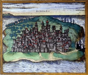 Widok Mombasy lub Mombasy, Kenia w XVI wieku, według Atlasu „Civitates Orbis Terrarum” Brauna i Hogenberga