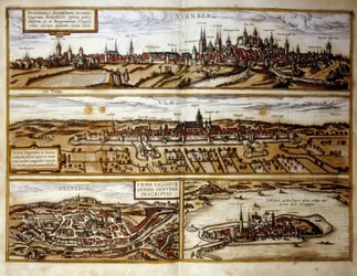 Widok na niemieckie miasta Norymberga i Ulm, Salzburg, Austria. Rycina z atlasu "Brauna i Hogenberga" 1572 r.