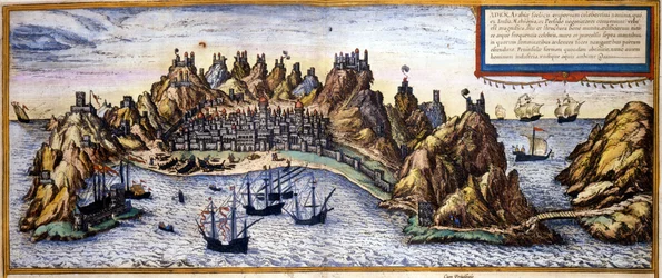 Widok miasta Aden w Jemenie z Atlasu „Civitates Orbis Terrarum” autorstwa Braun & Hogenberg
