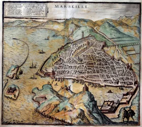 Widok miasta Marsylia z mapą ulic. Grawerowanie z Atlas de Braun i Hogenberg 1572 Marsylia, Musee de la Marine