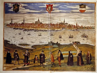 Widok na miasto Roztok, Niemcy. Rycina z Atlasu „Braun i Hogenberg” 1572