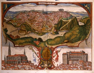 Widok miasta Toledo w XVI wieku. Grawerowanie George Braun w „” Civitatis Orbis Terrarum”” Tom I napisany przez Franza Hogenberga (1535-1590)