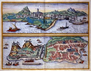 Widok na port Candie (dzisiejszy Heraklion) na Krecie i port Korfu w Grecji Grawer George Braun W „” Civitatis Orbis Terrarum”” Tom I napisany przez Franza Hogenberga (1535-1590)