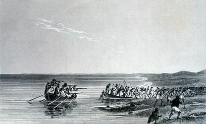 The Boats Getting Afloat, z „Narracji o drugiej ekspedycji do brzegów Morza Polarnego w latach 1825-27” autorstwa Sir Johna Franklina (1786-1847) rycina Edwarda Findena (1791-1857) opublikowana w 1828 roku (rycina)