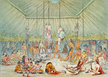 Ceremonia Mandan (kolorowa litografia)