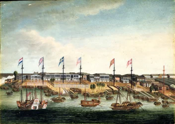 Hongowie w Kantonie, przed 1820 (olej na kości słoniowej)