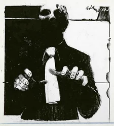 Ilustracja dla Pielęgniarstwa Niewidomego Pacjenta artykuł w Nursing Times, opublikowany 30 października 1975 r. (tusz na octanie)