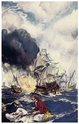 Brulot ładunek materiałów wybuchowych rzuca w statek Ilustracja z „Piraci z Panamy lub Buccaneers of America” George