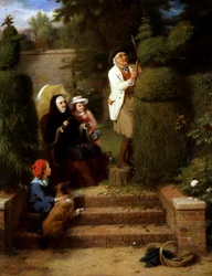 W ogrodzie. W ogrodzie: babcia i jej dwoje małych dzieci obserwują, jak dziadek przycina krzew w ogrodzie. Obraz George