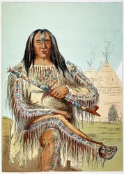 Indianie amerykańscy: Portret przywódcy plemienia Blackfoot (czarne stopy) w wieku około 50 lat. Ilustracja George Catlin (1794-1872)