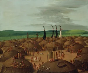 Widok z lotu ptaka na wioskę Mandan, 1800 mil nad St. Louis, 1837-1839.